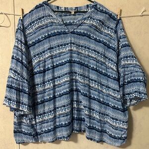 Woman Within Blue and White 3/4 Sleeve Boxy Blouse